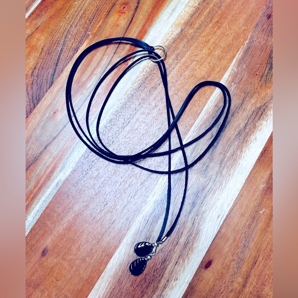 Black leather cord long necklace with Black Onyx beads